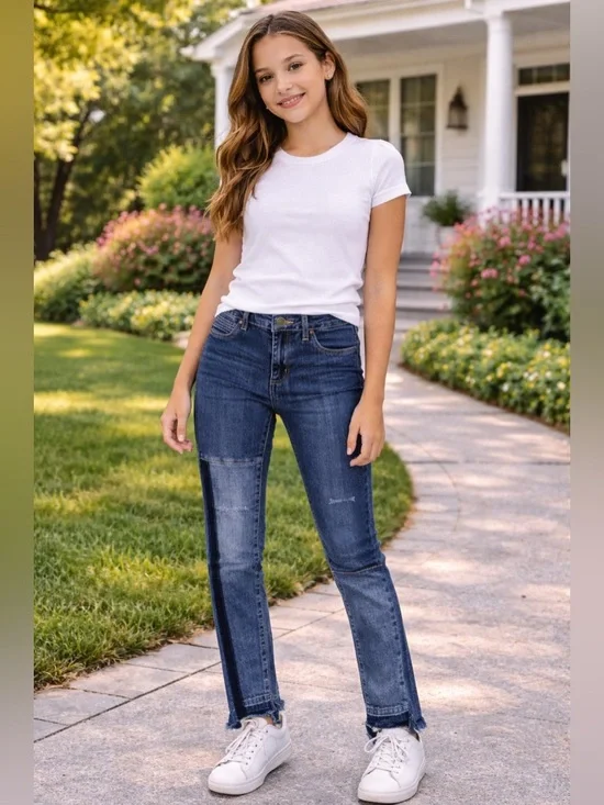 BlankNYC Jeans Girls Kids Size 14 The Mini Mercer Skinny Blue Denim Step Hem NWT - Picture 1 of 13